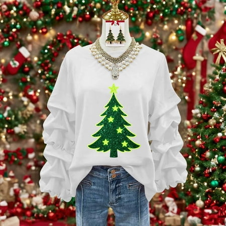 ClodeEU Women s Christmas Tree Print Sweatshirt Ruffle Long Sleeve Round Neck Loose Fit Pullover Tops White Womens Plus L