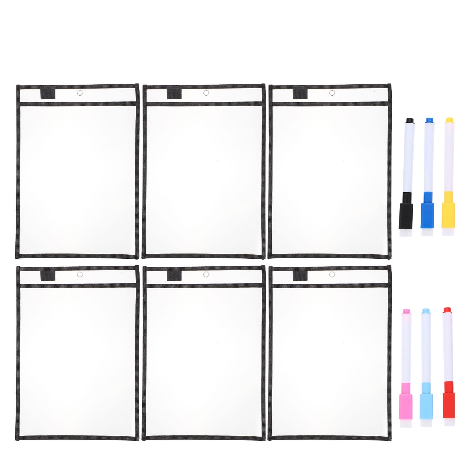 6PCS Reusable Clear PVC Dry Erase Pockets Sleeves with 6PCS Pens for