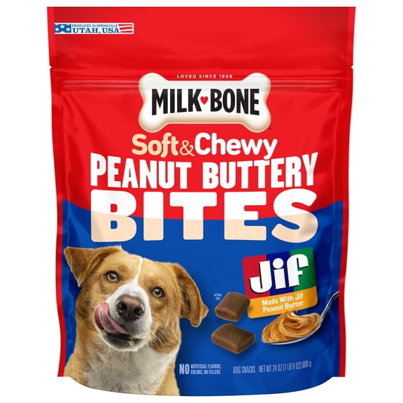 Milk Bone Peanut Buttery Bites, Soft Dog Treats With Jif Peanut Butter, 24 oz Bag