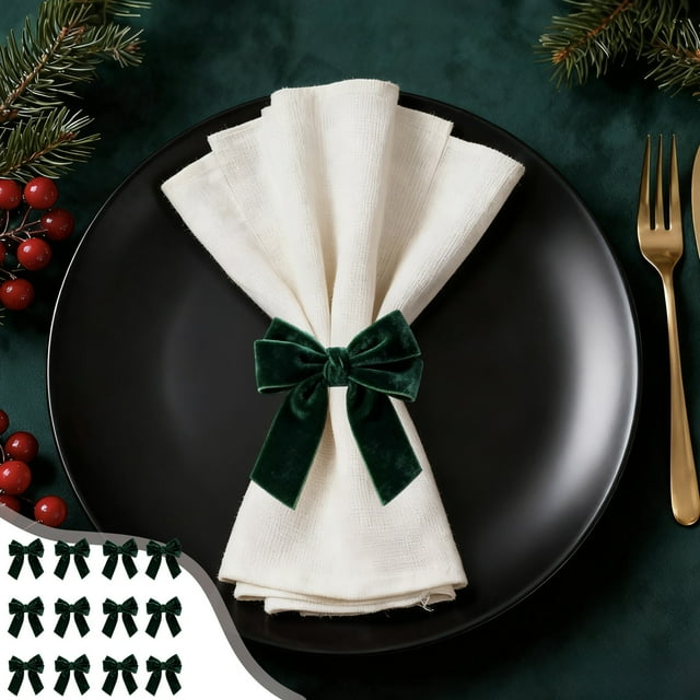Anneaux de Serviette Lot de 12 / Boucles de Serviette de Noël Vert Rouge Polyester / Décor de Table Réutilisable / Accessoires de Salle à Manger Festifs pour Fêtes de Noël et Repas en Famille