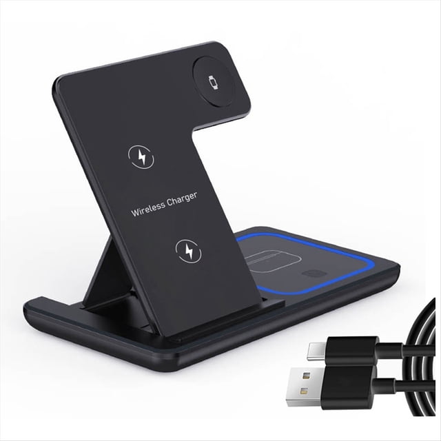 Cargador Inalámbrico de 15 W con Luz LED, Soporte para Teléfono, Estación de Carga Rápida Plegable, Color Negro