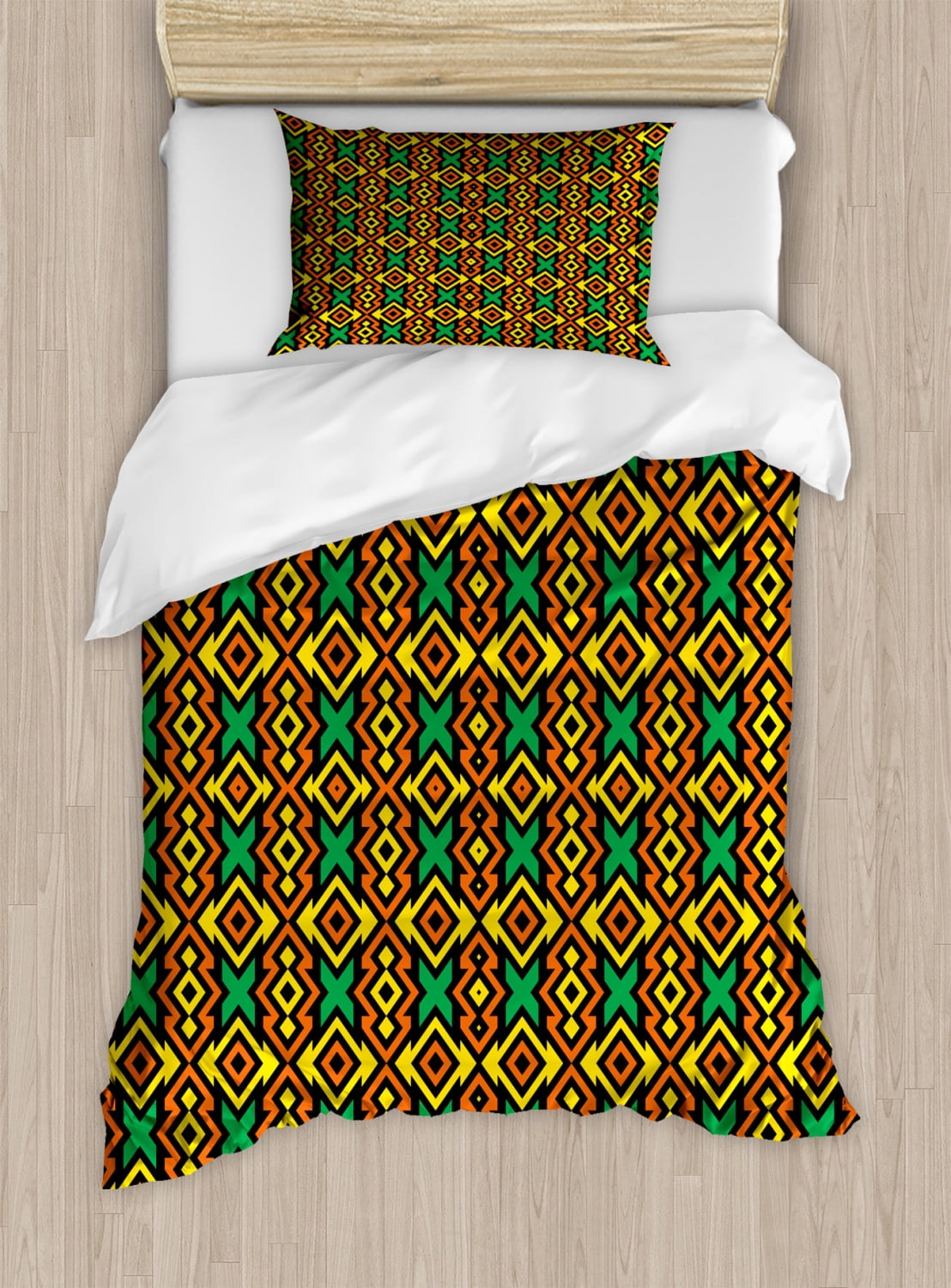 Kente Pattern Twin Size Duvet Cover Set, Exotic African Vertical