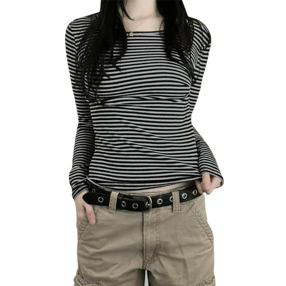 Women Y2K Aesthetics Grunge Vintage T-shirt Long Sleeve Crew Neck Striped Slim Fit Crop Tops