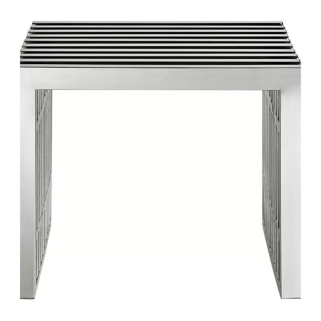 Plata Import Nove small bench featuring a modern brushed metal frame with horizontal slats on the seat.