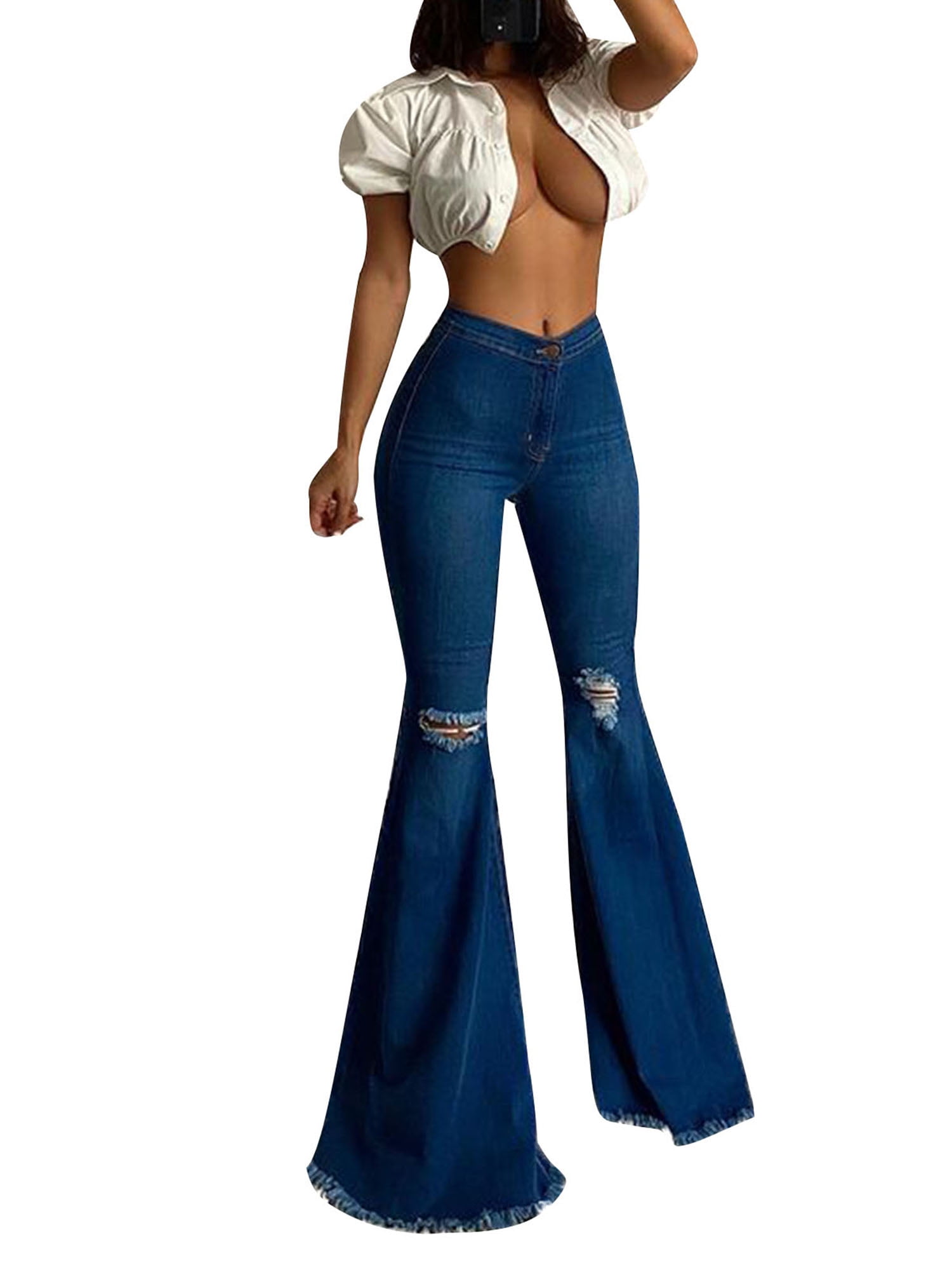 Erepe Elastic Ripped Hole Classic Denim Bell Bottom Jeans for Women High Waist Y2k Streetwear Fitted Flared Denim Pants 