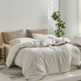thumbnail image 2 of MooMee Striped Duvet Cover Set Full 100% Washed Cotton Linen Like Textured Breathable 3-Piece (White& Tannish Linen Grey Wide Stripes), 2 of 6