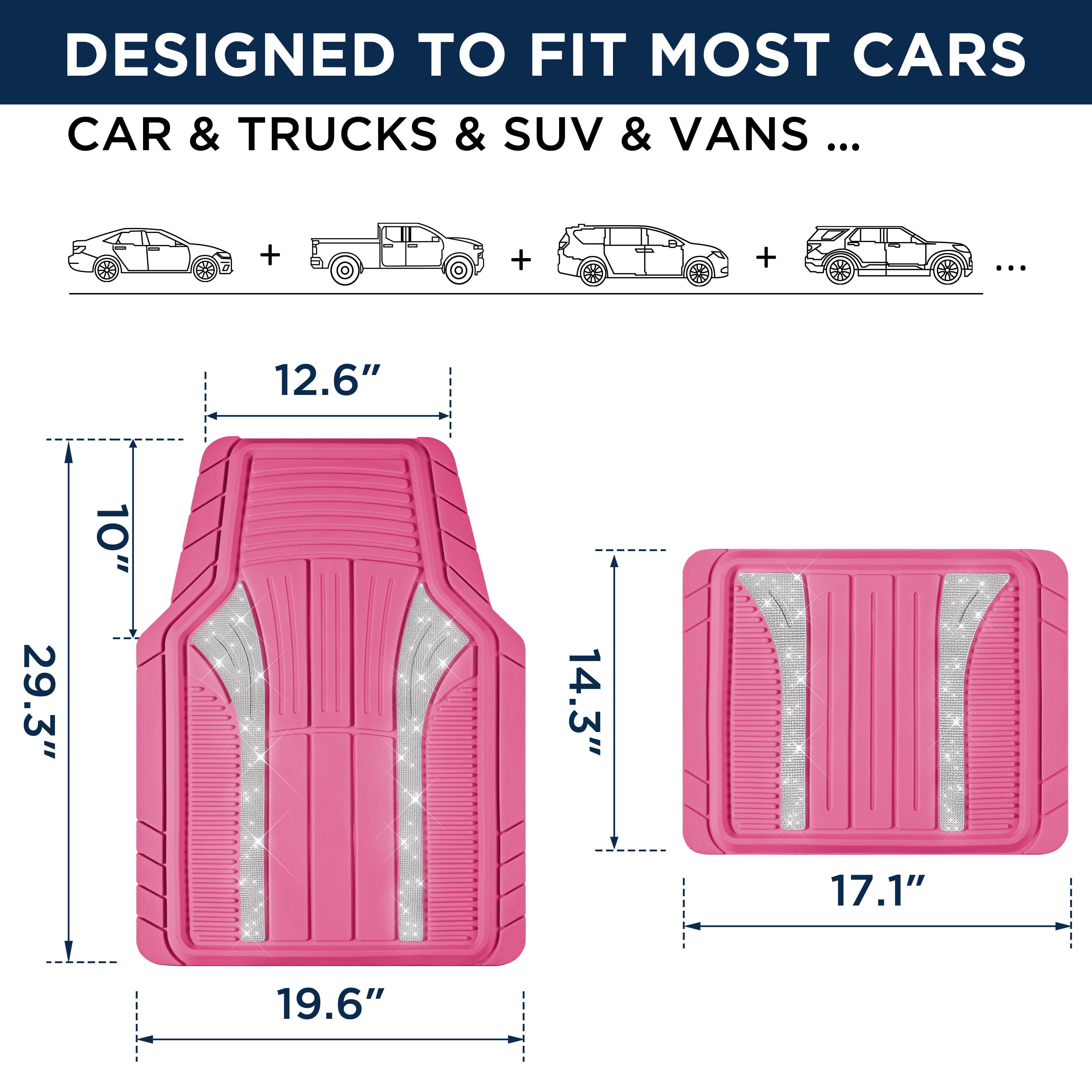 PIC AUTO Bling Rubber Floor Mats - Sparkly Glitter Hot Pink Car Mats Set, Heavy Duty All-Weather Waterproof Pads for Girls & Women, Universal Fit-Pink