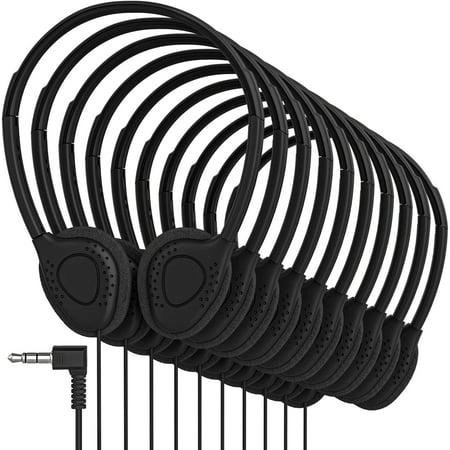 Redskypower Bulk Wired On-Ear Headphones, 5ft Cord, L Shape 3.5mm Connector, 10 Pack Black