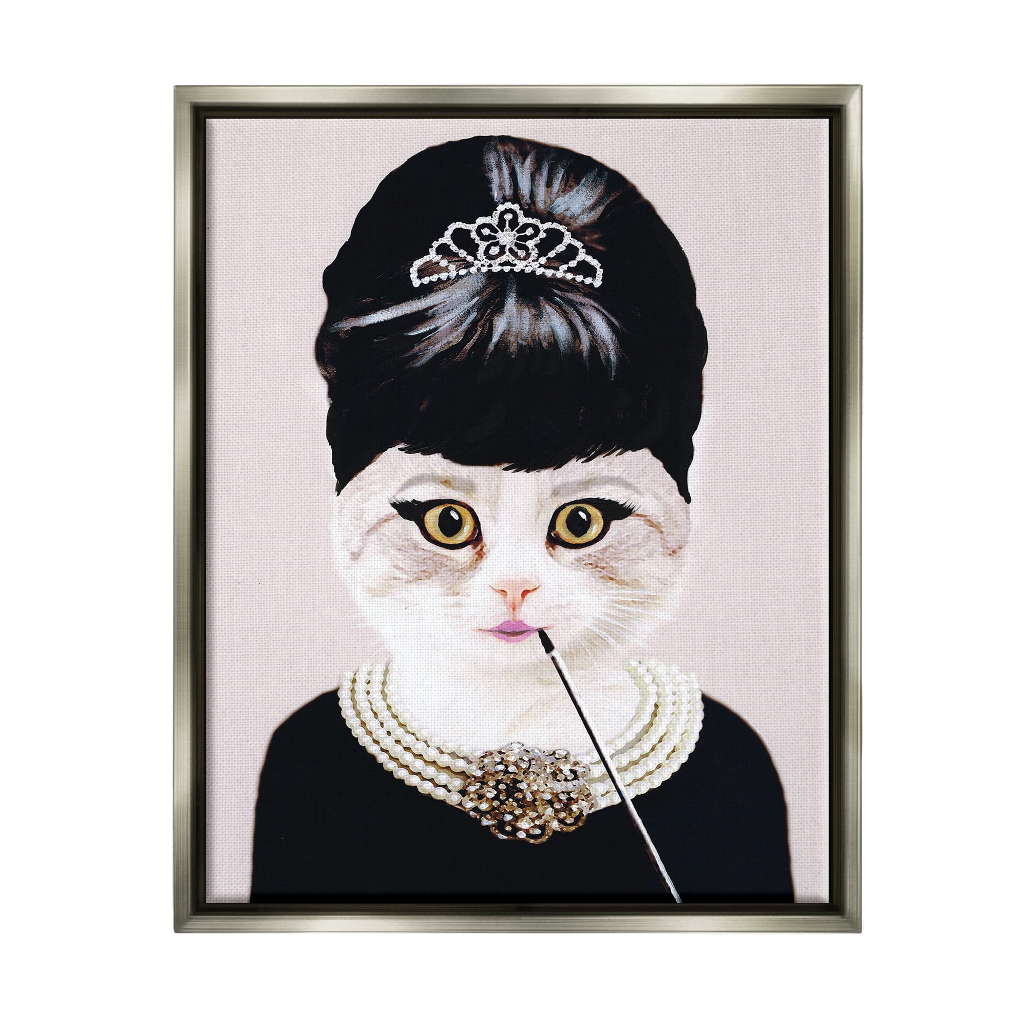 Stupell Industries Fashion Feline Jewelry And Makeup Cat Luster Gray Framed Floating Canvas Wall Art, 24x30, by Coco de Paris
