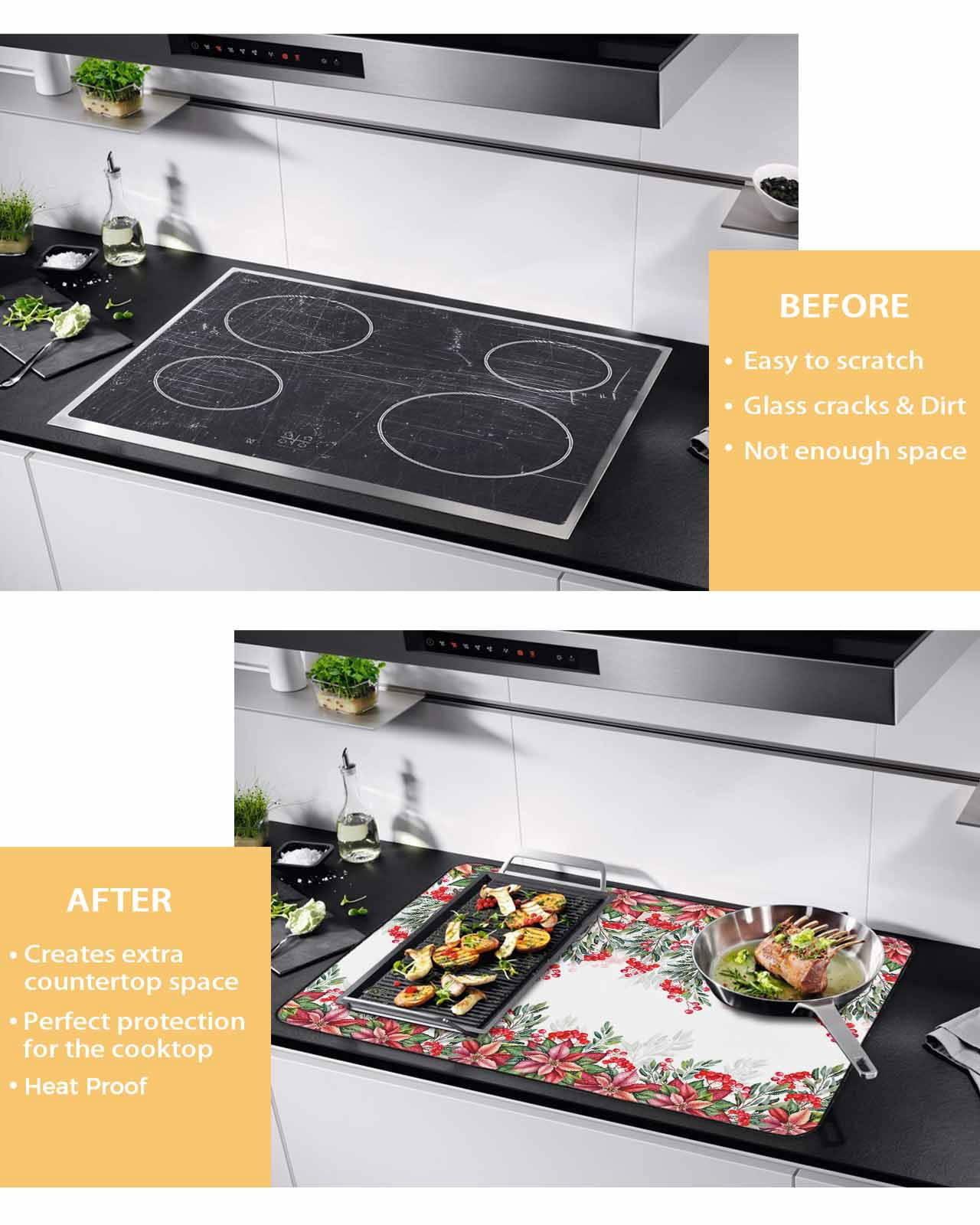 Large Induction Cooktop Protector Mat Red Christmas Stove Top Covers for Electric Stove, Poinsettia Berry Xmas Botanical Decorative Stove Burner Cover Mats, Glass Top Stove Cover