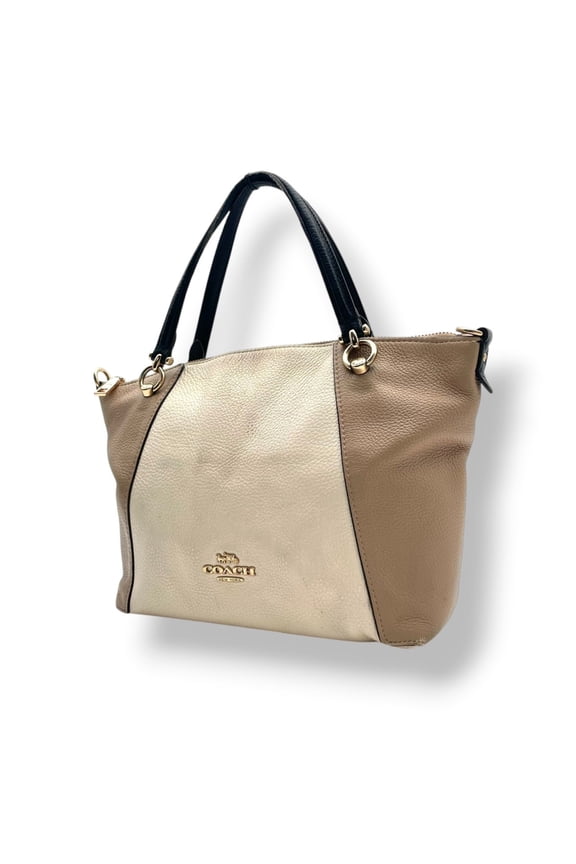 Pre-Owned Coach Casey Satchel Colorblock Handbag, Leather, Ivory/Brown Beige, Gold Hardware,...