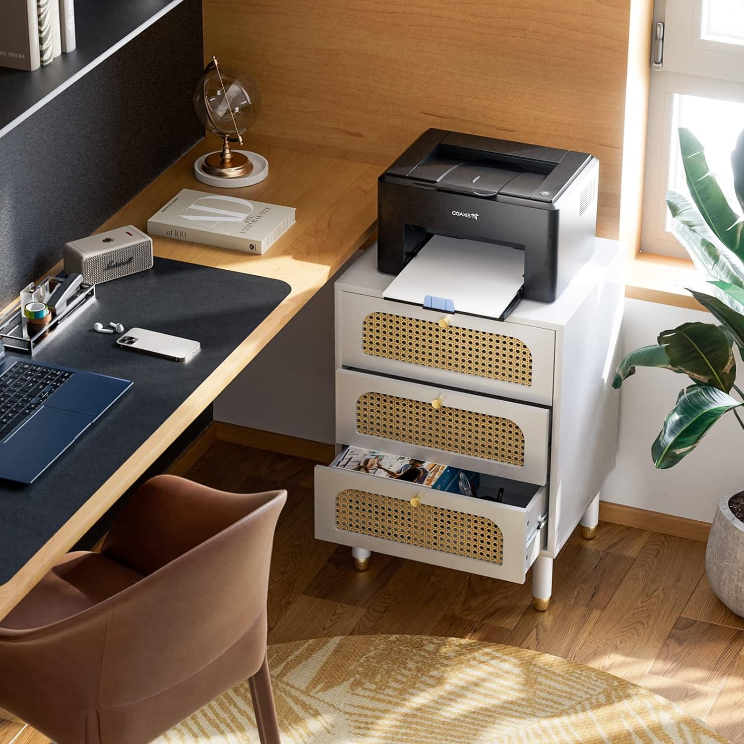 UBesGoo Rattan Nightstand with Charging Station, 27" Tall White Nightstand with 3 Drawers for Bedroom, Boho Mid Century Modern End Table/Side Table/Bedside Table (White, 1 Pack)