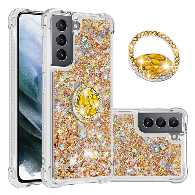 Funda para Samsung Galaxy S21 5G con Brillo Líquido Flotante, Purpurina, Parachoques y Anillo Giratorio Soporte