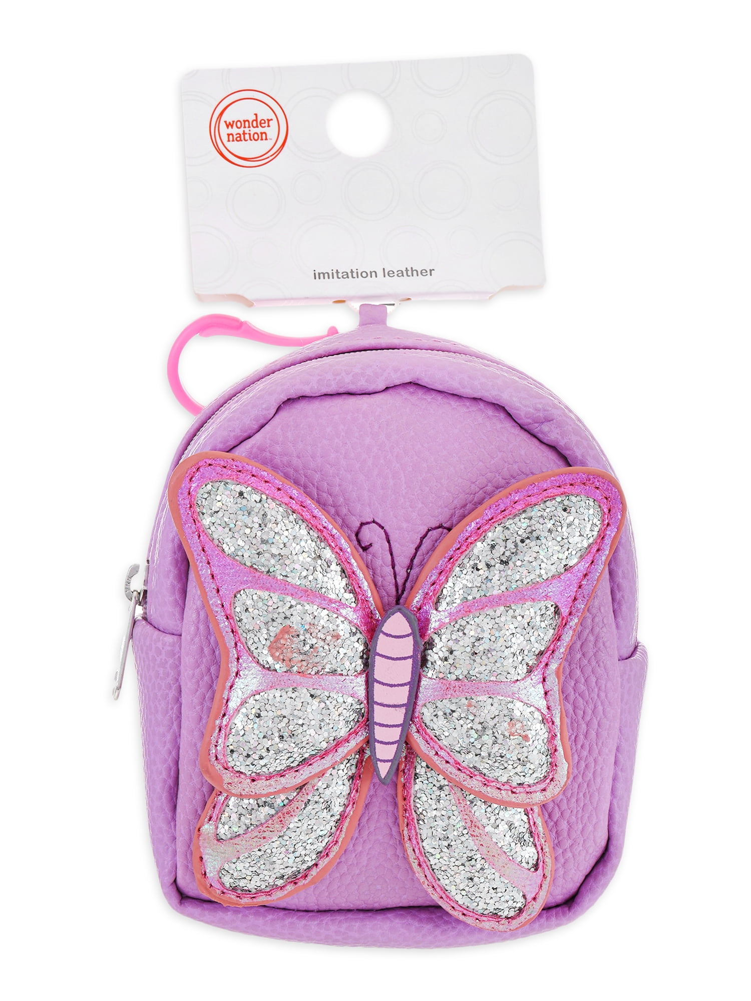 Wonder Nation Girl's Glitter Butterfly Pouch Backpack Clip, Purple and Pink