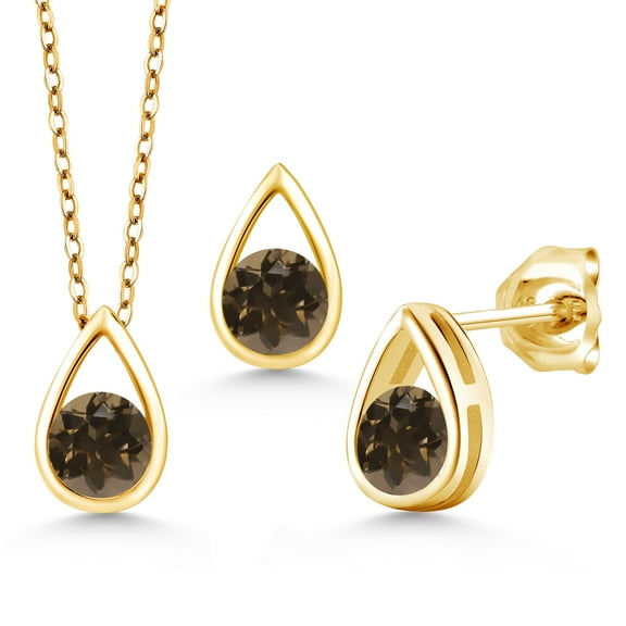 Gem Stone King 1.50 Ct Round Brown Smoky Quartz 18K Yellow Gold Plated Silver Teardrop Pendant and Earrings Jewelry Set With Chain
