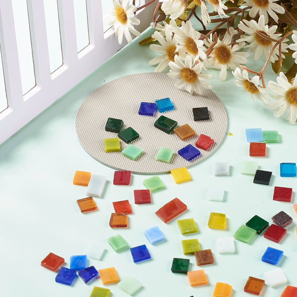 Mosaic Tiles Glass Cabochons Flat Back Glass Square Cabochon Tiles for DIY Crafts Plates Picture Frames Flowerpots Supplies Mixed Color 10x10x2~3mm about 1000pcs/1000g