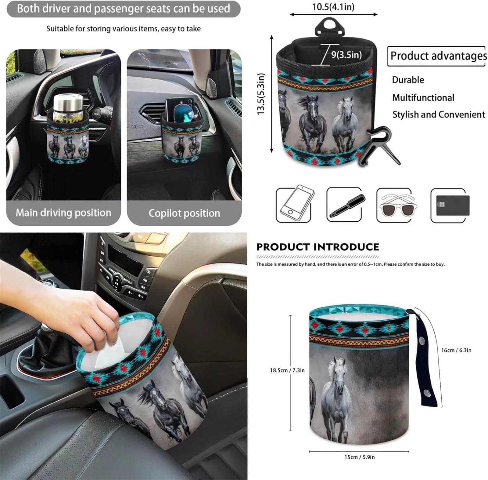 Yuyamidu Southwest Aztec Horse Car Front Seats Covers Set of 12 Blue Steering Wheel Cover Seatbelt Pads Center Console Cover Trash Bin Sunglass Holder Rearview Mirror Cover Cup Holders Keychain