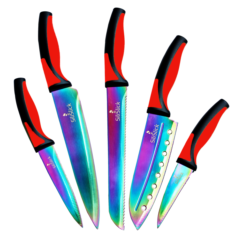 SiliSlick Kitchen Knife Set. 5 Elegant Knives, Chef Quality, SS Blades