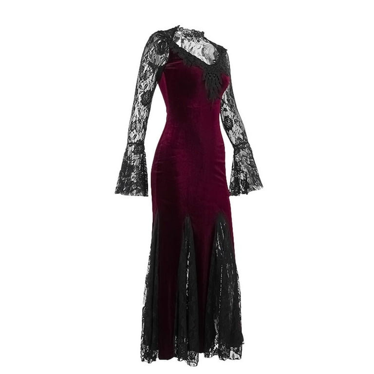 Velvet Dress for Women Lace Corduroy Patchwork Flared Sleeve Dresses Solid  Color Casual Vintage Slim Fit Maxi Dress - Walmart.com