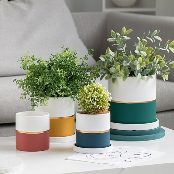 Ceramic Plant Pot with Saucer Nordic Style Household Decoration Succulent Potted Simple Gold Edge Planter Home Red