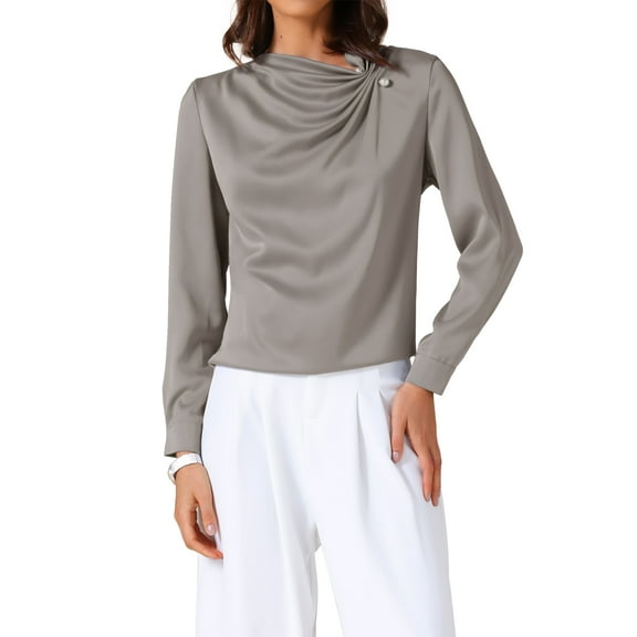 INSPIRE CHIC Women's Satin Blouses Casual Pleated Long Sleeve Shirts Dressy Office Work Shirt XS Grey