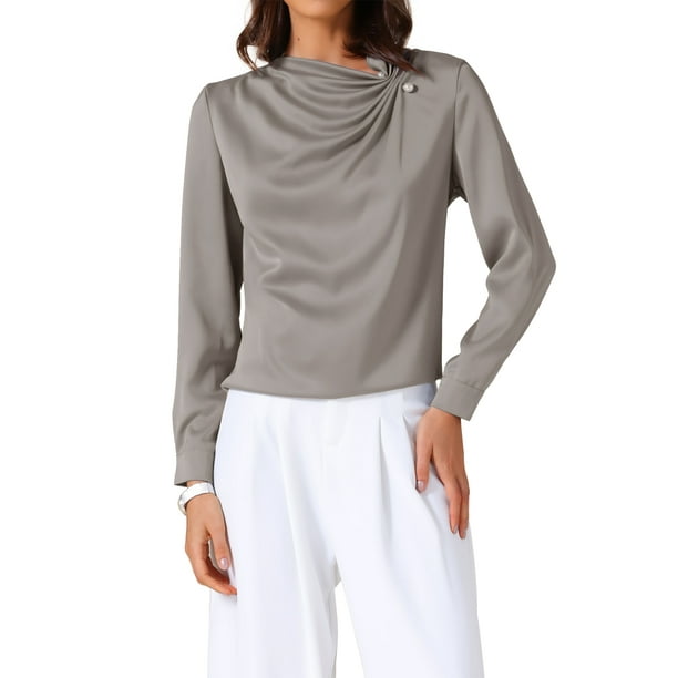 BLUSAS DE SATÉN PARA MUJER INSPIRADAS CHIC, CAMISAS DE MANGA LARGA PLISADAS CASUAL, CAMISA ELEGANTE PARA OFICINA EN GRIS