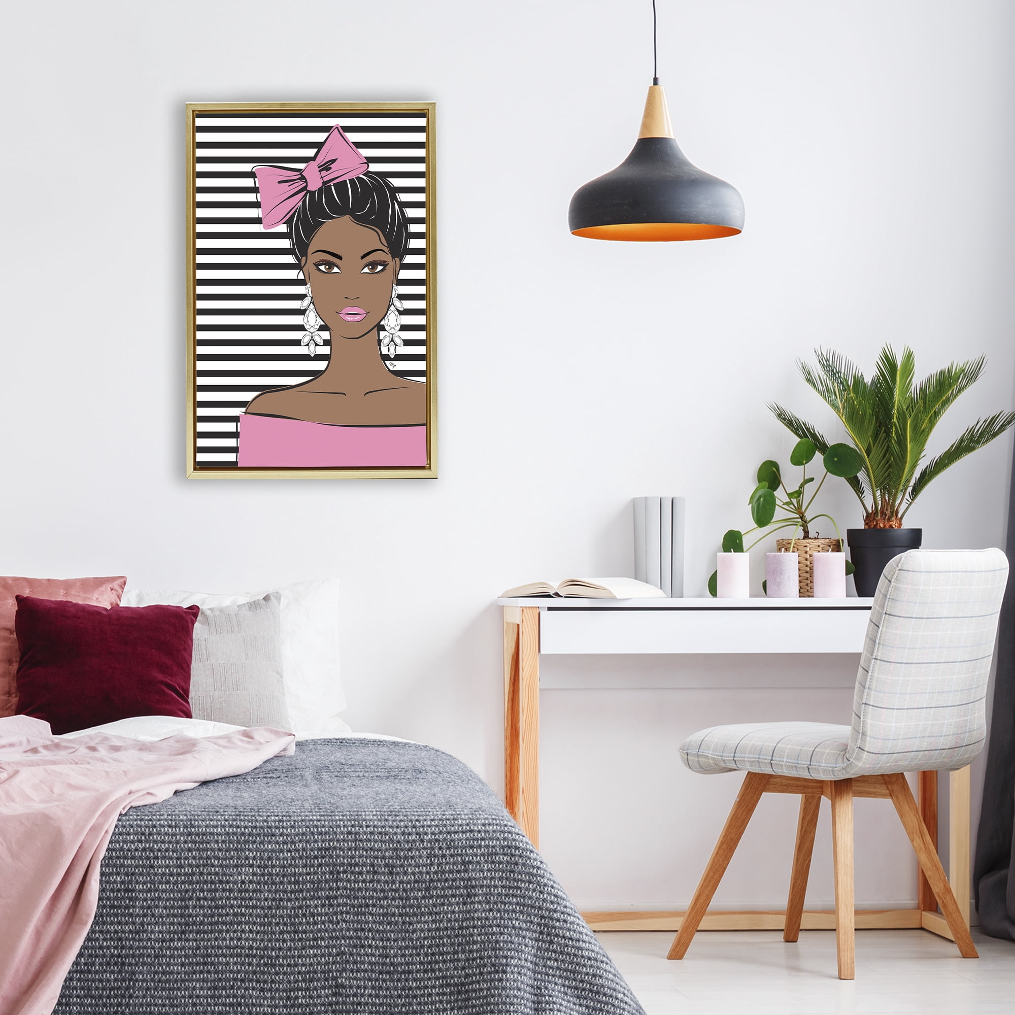 Stupell Industries Girl with Bow & Jewel Earrings Gold Framed Floater Canvas Wall Art, design by Martina Pavlova