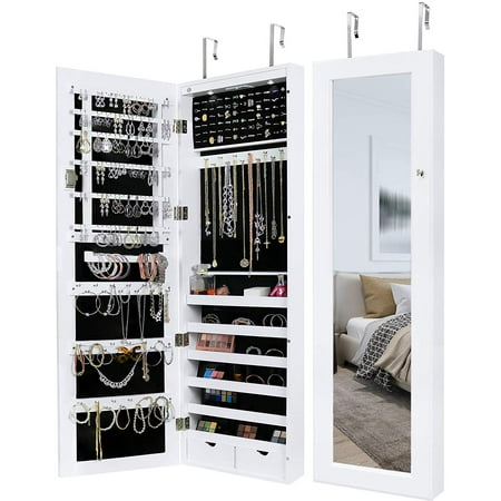 Greenco Over The Door Organizer Armoire with Large Mirror and Led Lights, Lockable- White