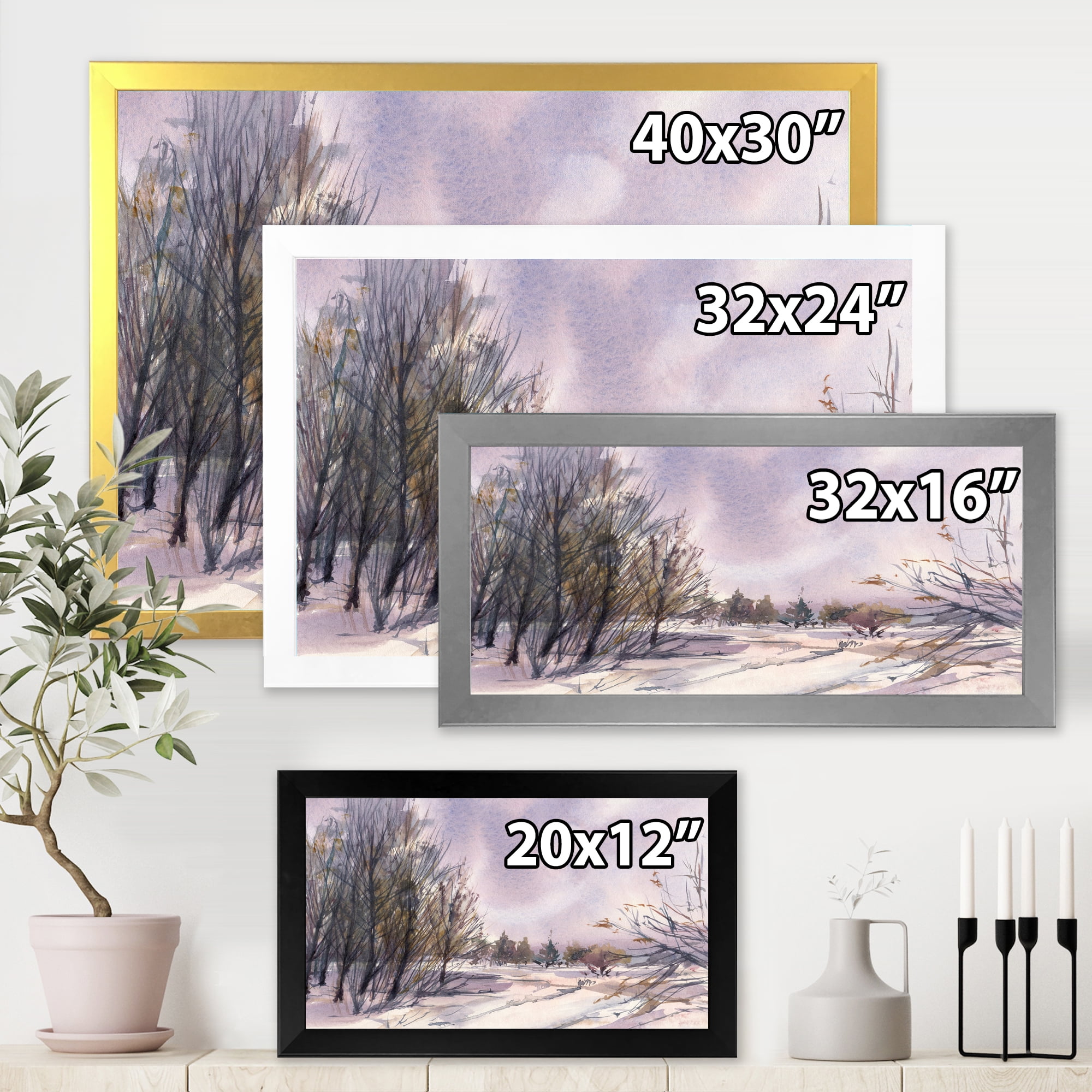 Designart 'Purple Snowy Tones With Winter Landscape' Traditional Framed Art Print