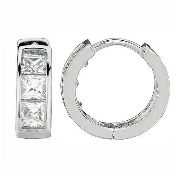 Sterling Silver Princess-cut Cubic Zirconia Huggie Hoop Earrings 3.5x9 Mm