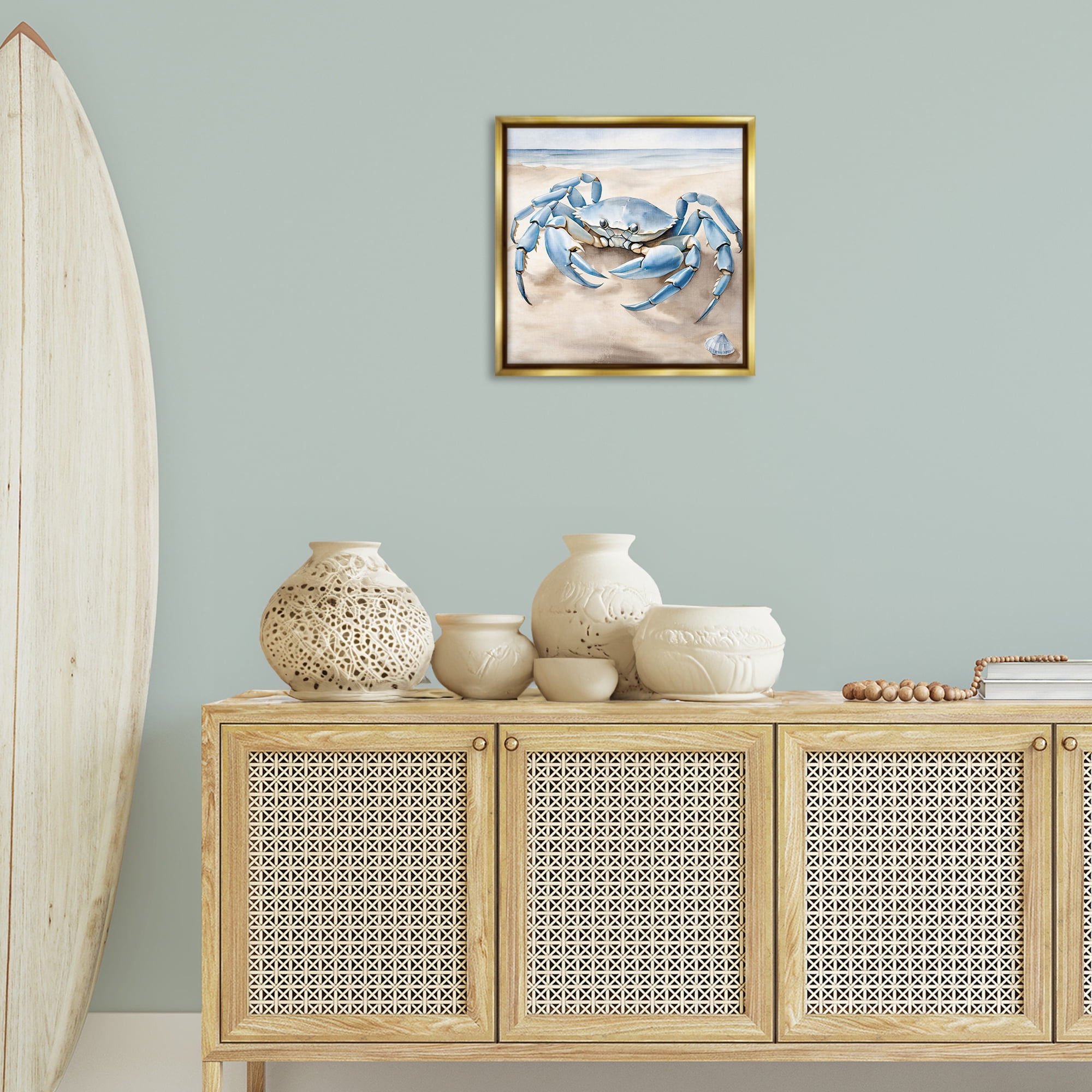Stupell Industries Blue Crab on Beach Animals & Insects Painting Gold Floater Framed Canvas Art Print Wall Art, 18 x 18