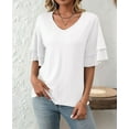 thumbnail image 3 of Womens V-Neck Tops Dressy Double Layer Bell Sleeve 3/4 Length Ruffle Sleeve T Shirts White XXL, 3 of 6