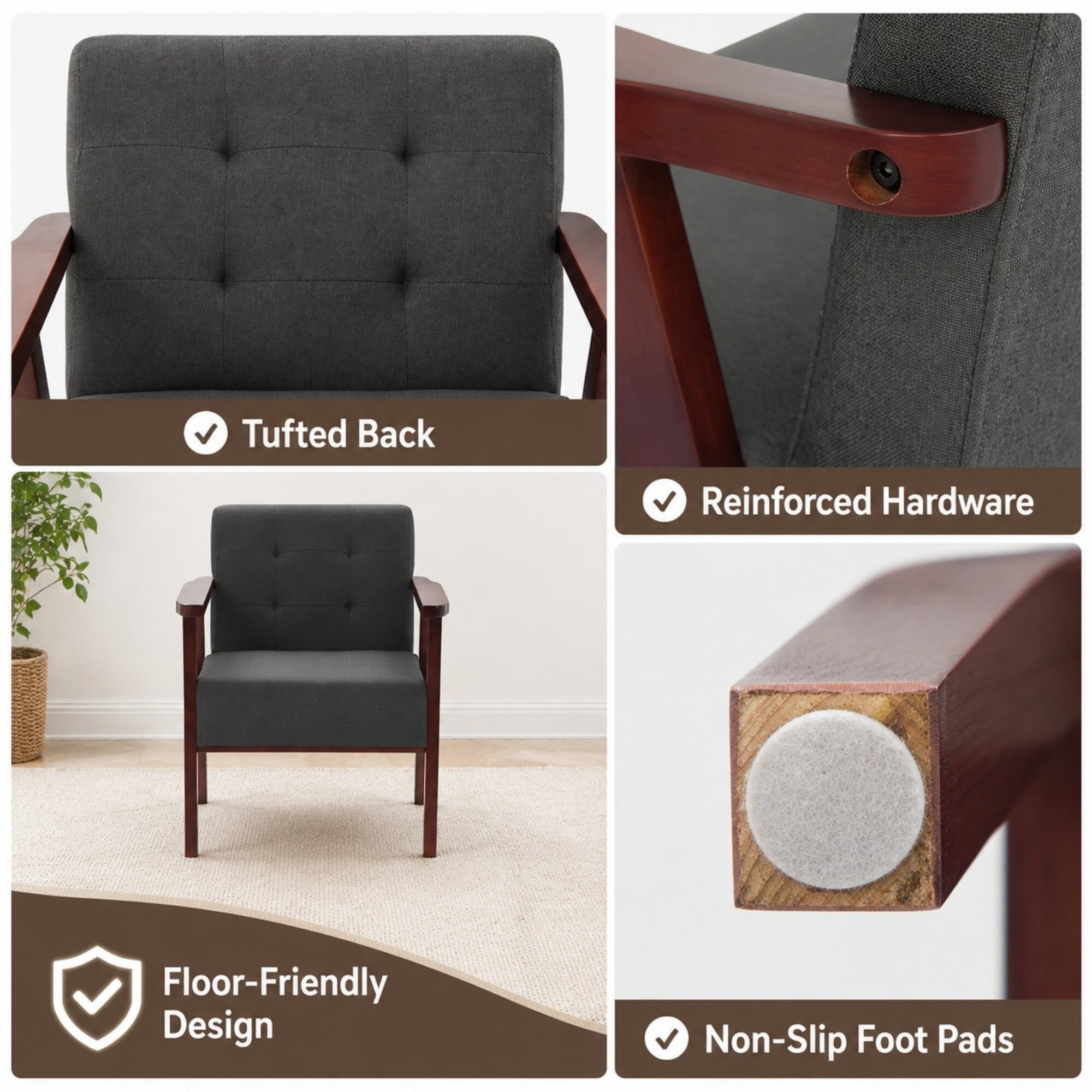 DEALTOPS Set of 2 Linen Accent Chairs, Wood Frame Tufted Armchairs with Square Arms, Charcoal Gray