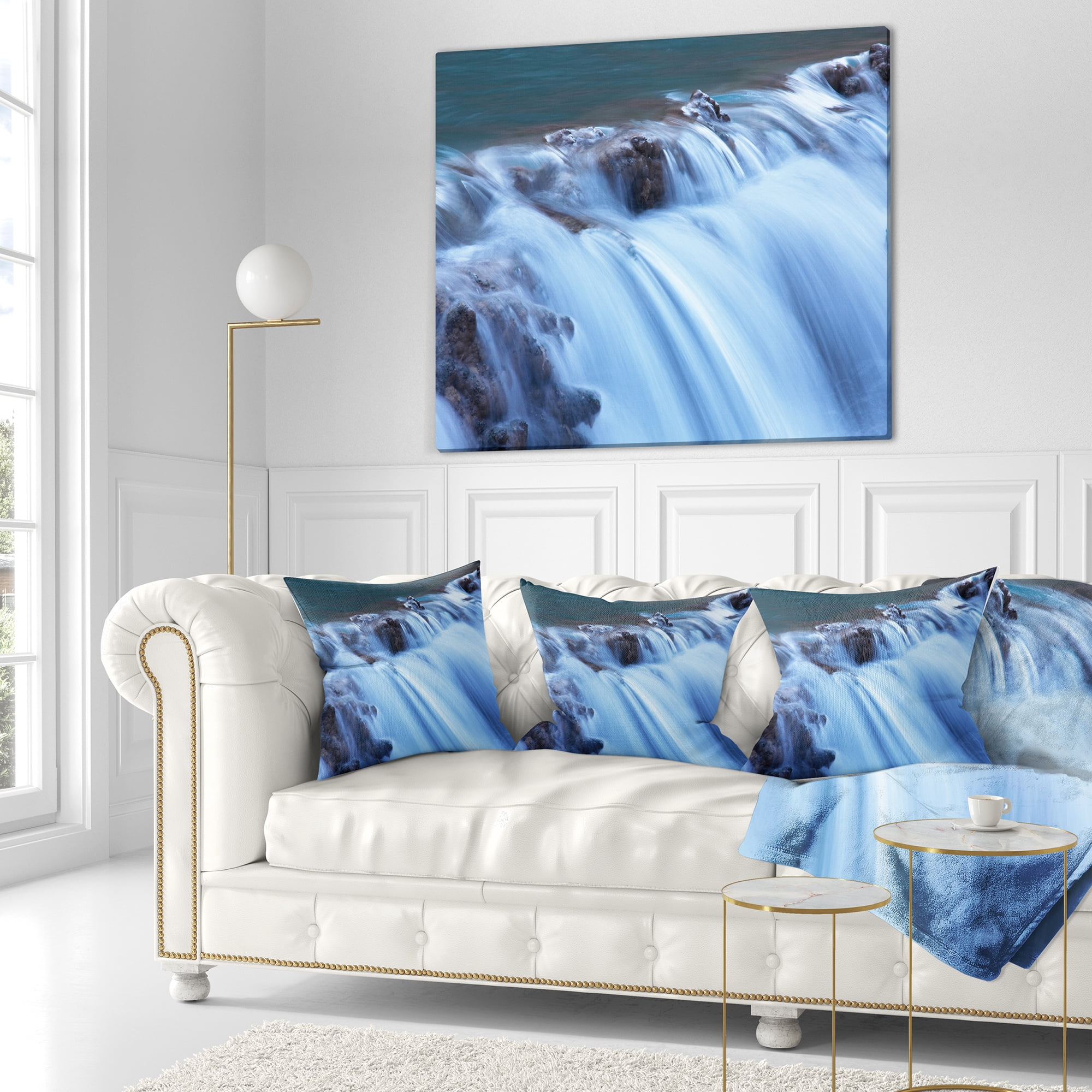 Designart Fantastic Blue Water Cascade - Landscape Printed Throw Pillow - 16x16