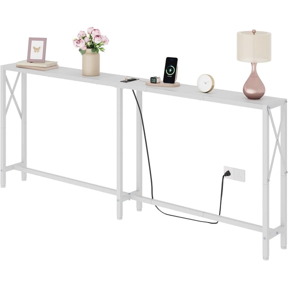 70 in Skinny Sofa Table Behind Couch, Console Table with Oulets & USB Ports for Hallway, Entryway,Living Room, Bedroom, White