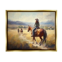 Stupell Industries Equestrian Horse Riding Scene Landscape Painting Gold Floater Framed Canvas Art Print Wall Art, 31 x 25