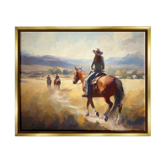 Stupell Industries Equestrian Horse Riding Scene Landscape Painting Gold Floater Framed Canvas Art Print Wall Art, 31 x 25