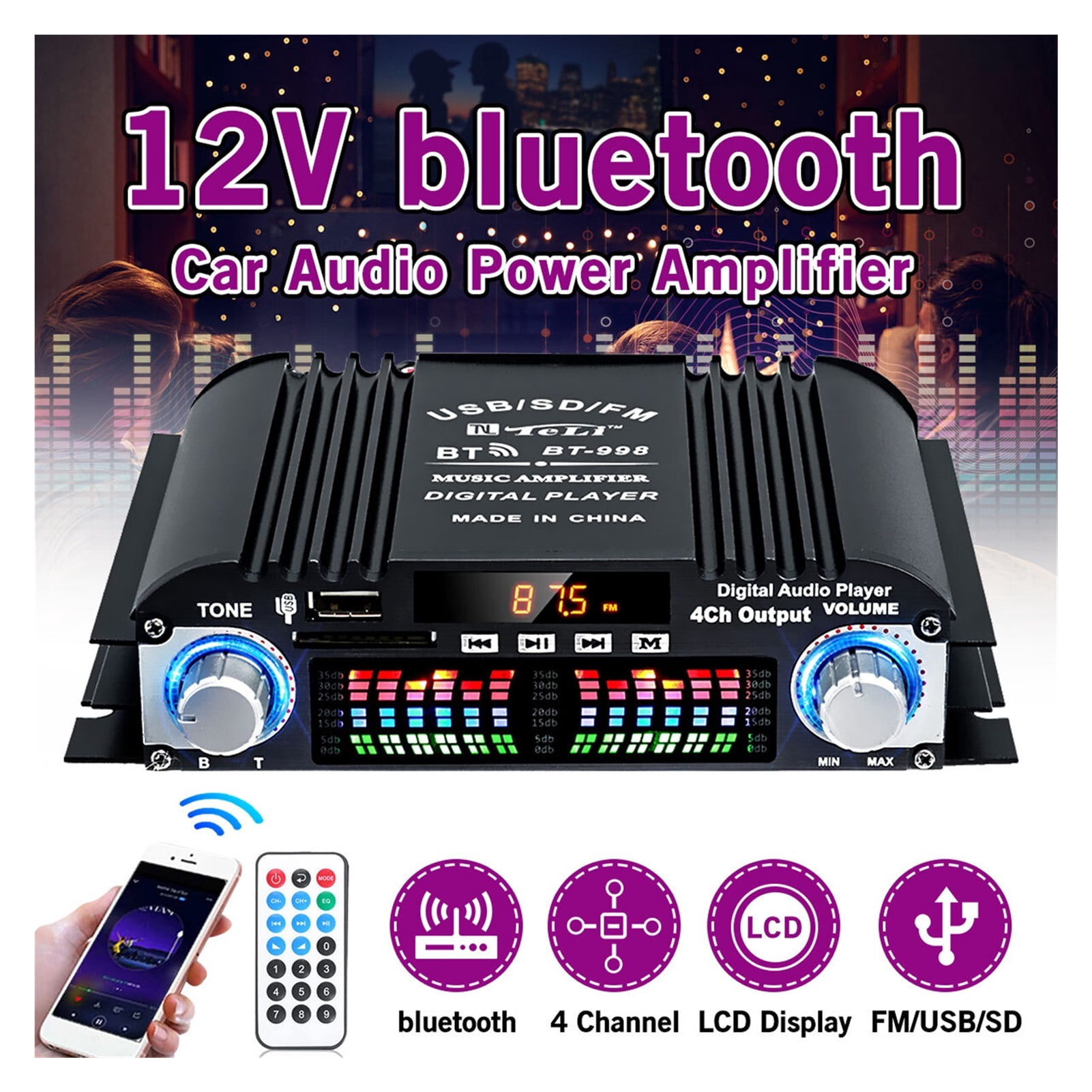 BT-998 Hifi Audio Home Digital Amplifiers Car Audio Bass Power Bluetooth Amplifier FM USB SD Radio Subwoofer Speakers ,Multiple Applications