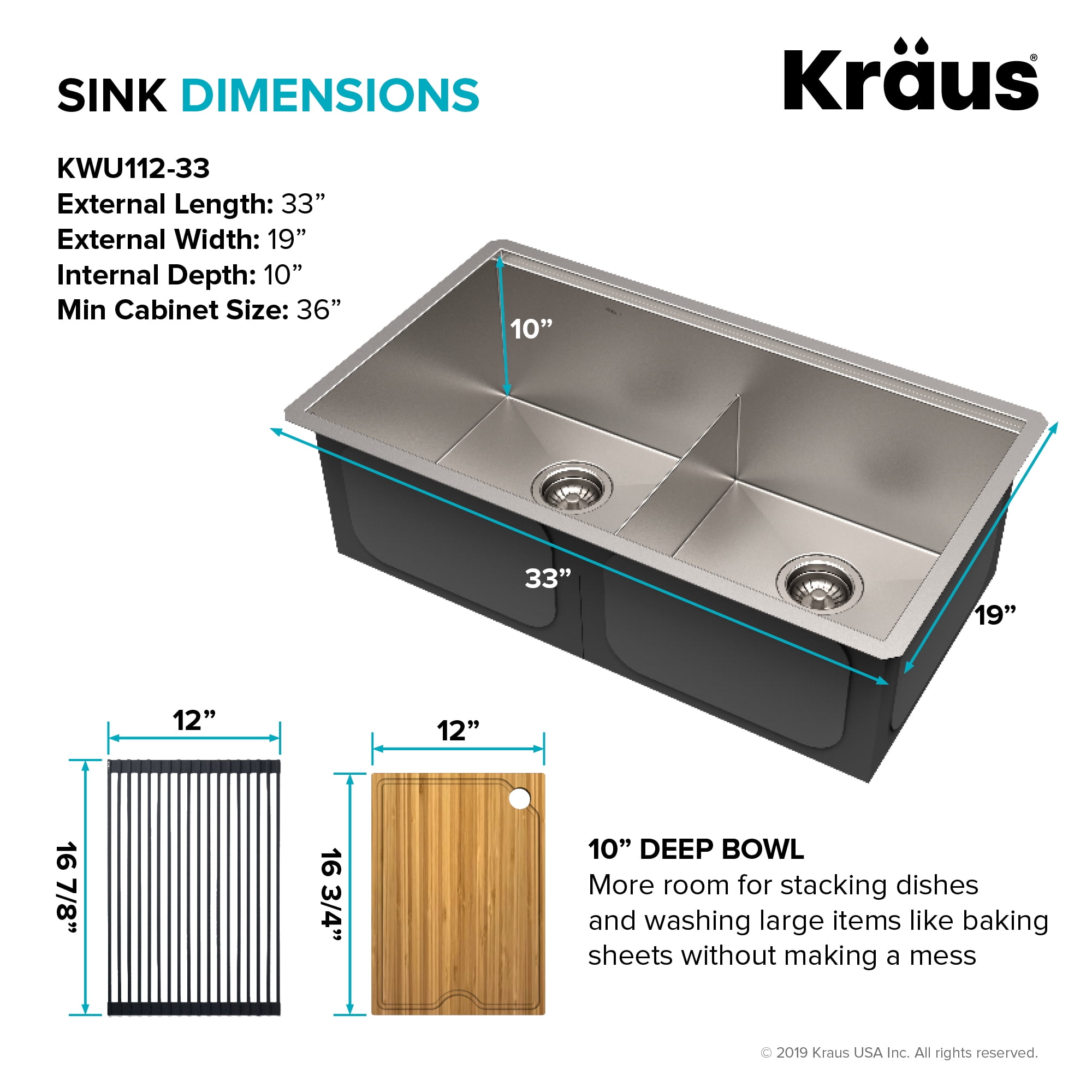 Kraus Kore Workstation 33-inch Undermount 16 Gauge Double Bowl Stainless Steel Kitchen Sink with Accessories (Pack of 8) with Waste Guard Continuous Feed Garbage Disposal