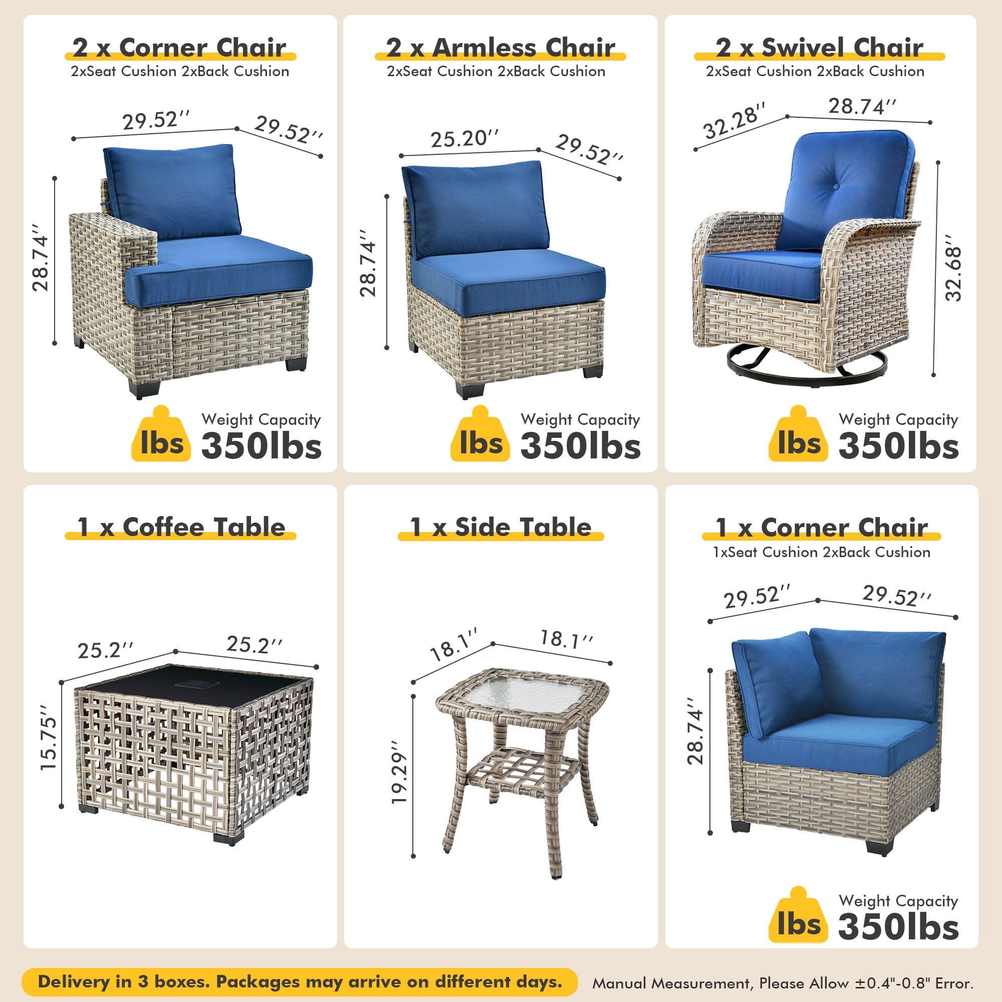 XIZZI 9-Piece Outdoor Patio Sectional Furniture Sets, Wicker Patio furniture with Coffee Table and Swivel Chairs, Waterproof Outdoor Conversation Set for Balcony, Porch, Backyard, Navy Blue