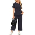 thumbnail image 6 of WULMLEO Two Piece Outfits for Women Spring Tops and Pants Short Sleeve Summer Beach Vacation Clothes Travel Cool Crew Neck Matching Outfits Navy XL, 6 of 6