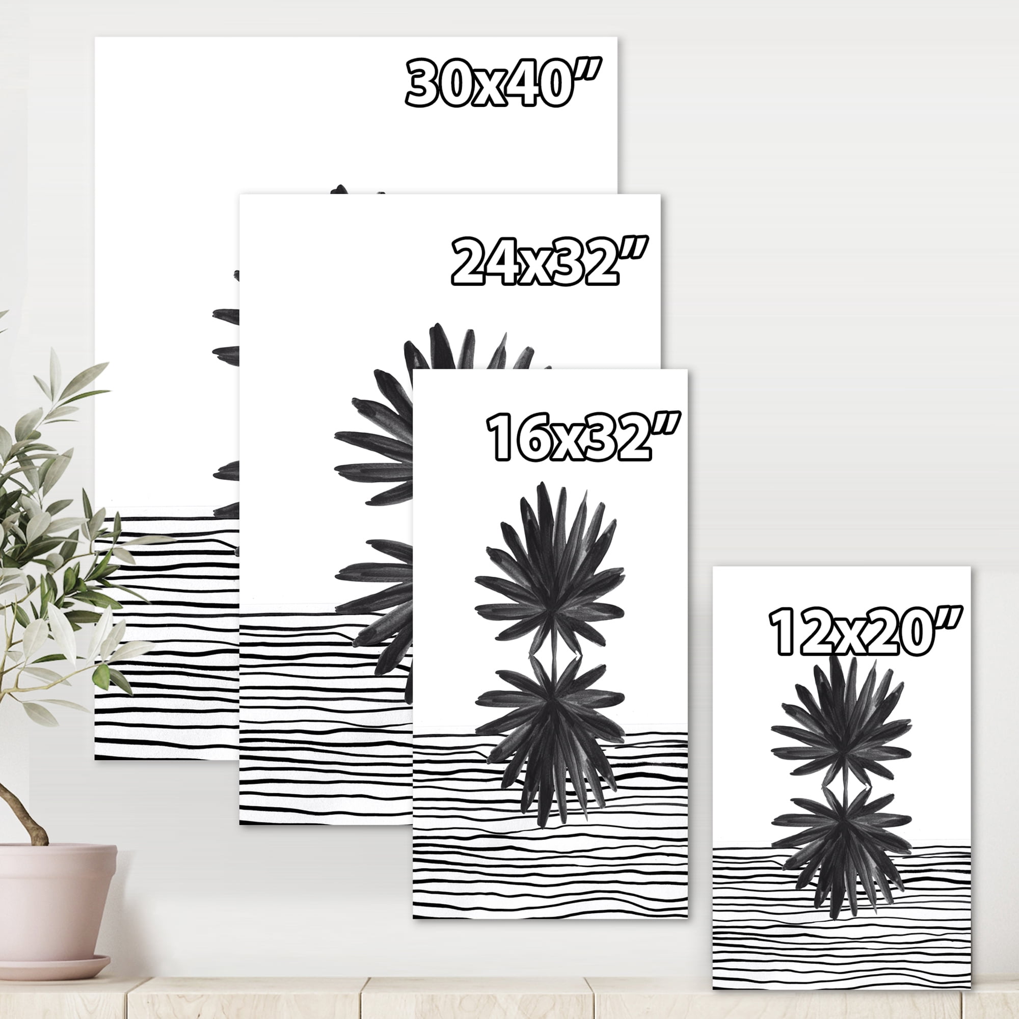 Designart ' Black and White Striped Under Tropical Leaf II ' Modern Canvas Wall Art Print
