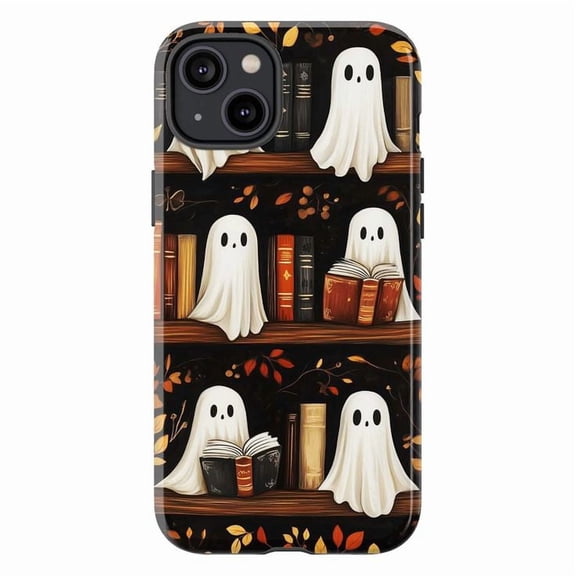 Ghost Book Nook Phone Case, Cute Halloween Ghosts Reading on Bookshelf Design, Cozy Spooky iPhone Cover for iPhone 16 15 14 13 12 11 Plus Pro Max Mini