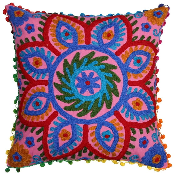 Stylo Culture Ethnic Couch Throw Pillow Cover 17x17 Embroidered Suzani Pink Red Stylish 43cm x 43cm Pom Pom Lace Cotton Floral Square Cushion Cover | 1 Pc
