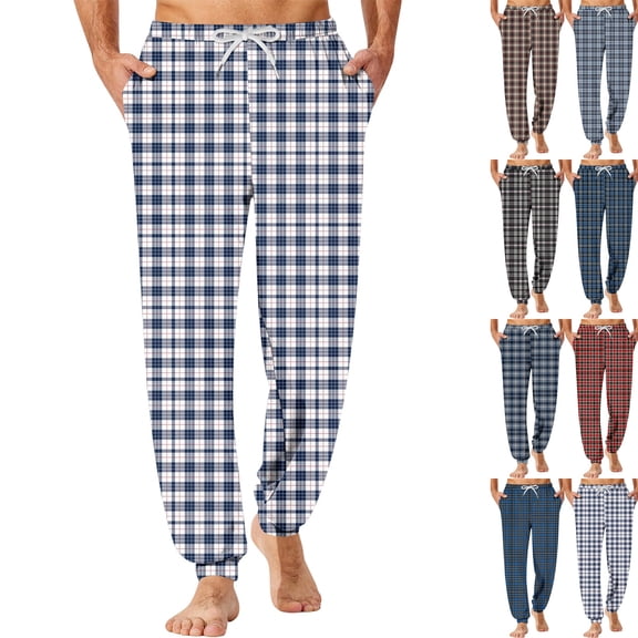 Classic Plaid Pattern Sleep Pants for Men Flexible Drawstring Waist Pajama Pants Jogger Cuff Comfy Daily Indoor Lounge Pants ,3XL,White