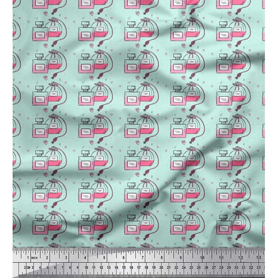 Soimoi Green Rayon Fabric Heart & Perfume Bottles Women Print Fabric by the Yard 56 Inch Wide