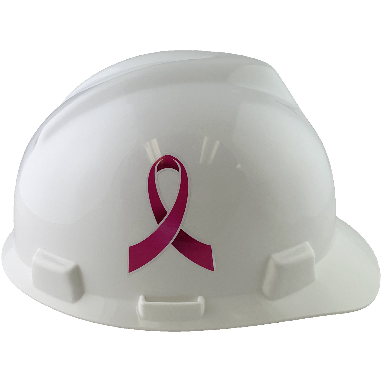 White MSA Cap Style V-Gard Hard Hat with Breast Cancer Awareness Ribbon Decals