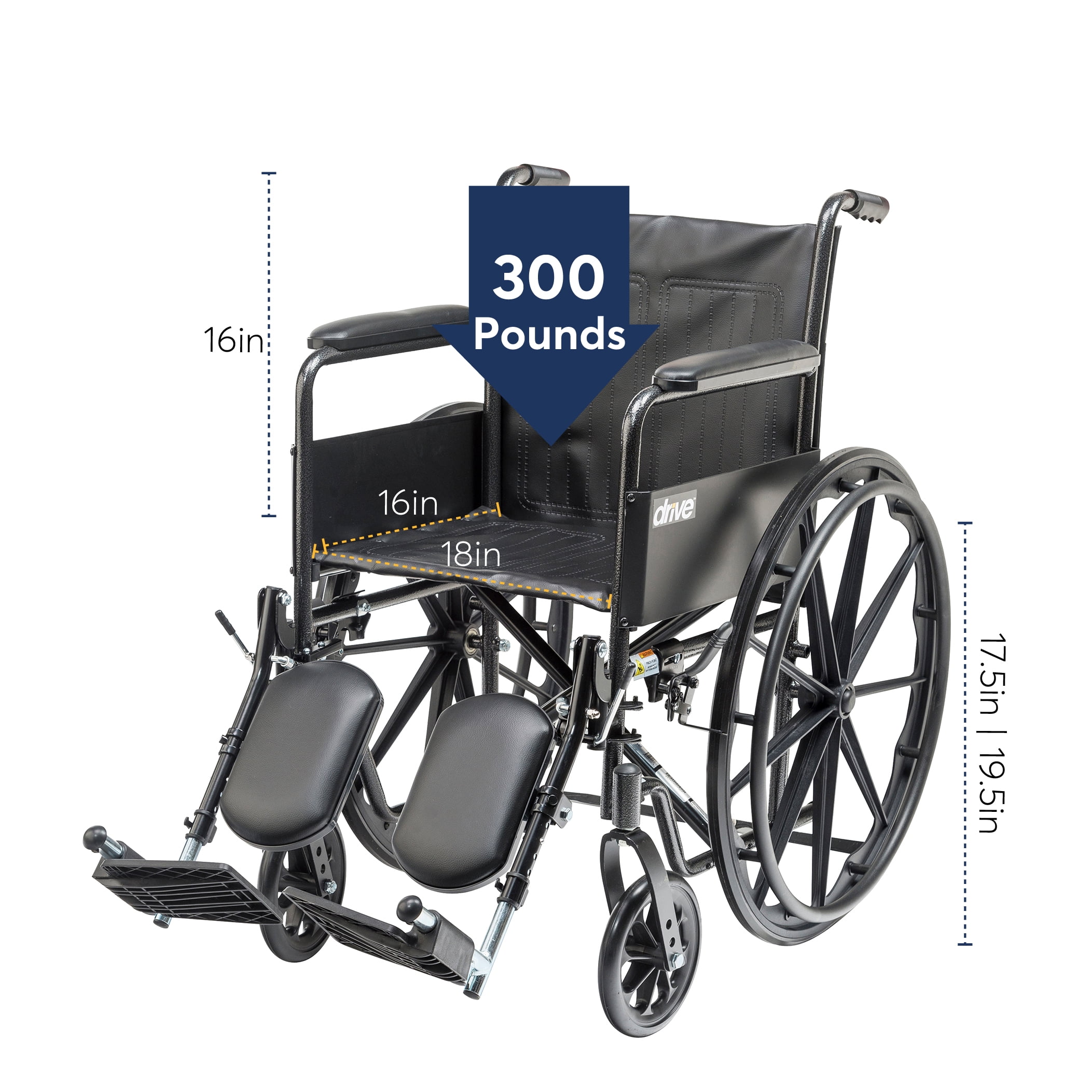 Drive Medical Silver Sport 2 Wheelchair, Non Removable Fixed Arms, Elevating Leg Rests, 18" Seat