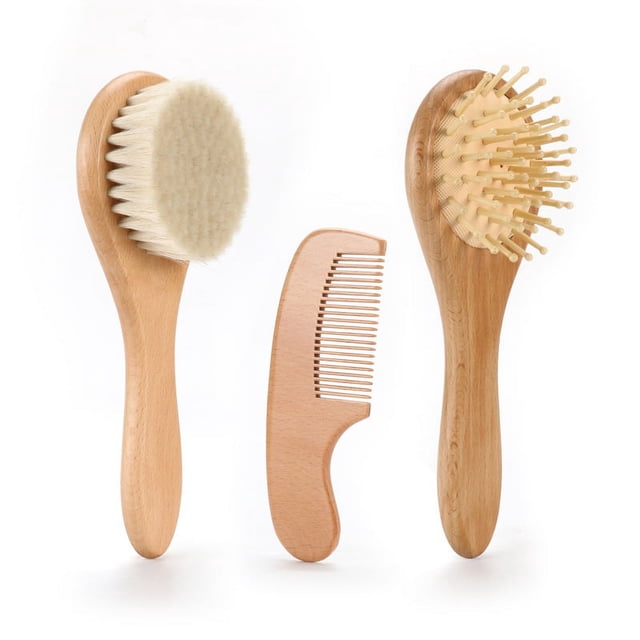 Baby Hair Brush - Natural Wooden Cradle Cap Brush with Soft Goat Bristle - Baby Brush Set for Newborns - Toddler Comb - Perfect Scalp Grooming Product for Infant, Toddler, Kids