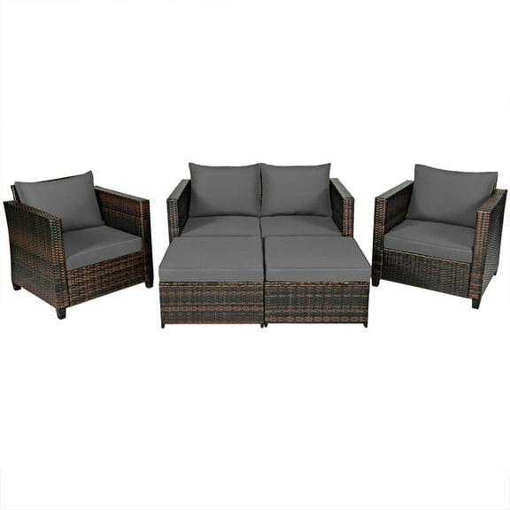 Gymax 5 Pieces Outdoor Patio Rattan Conversation Sofa Furniture Set with Grey Cushions